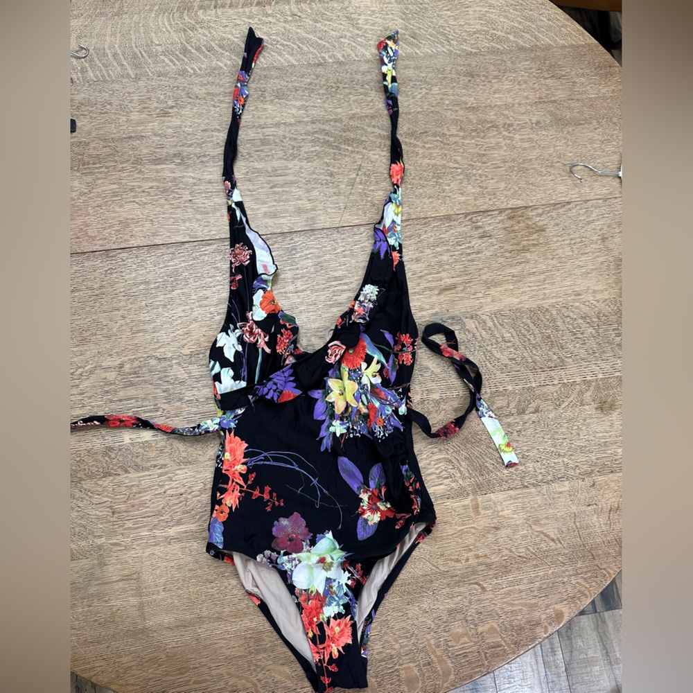 Anthropologie Allihop Ruffle Floral Halter Ruching Tie Waist One-Piece Swimsuit - Picture 8 of 16